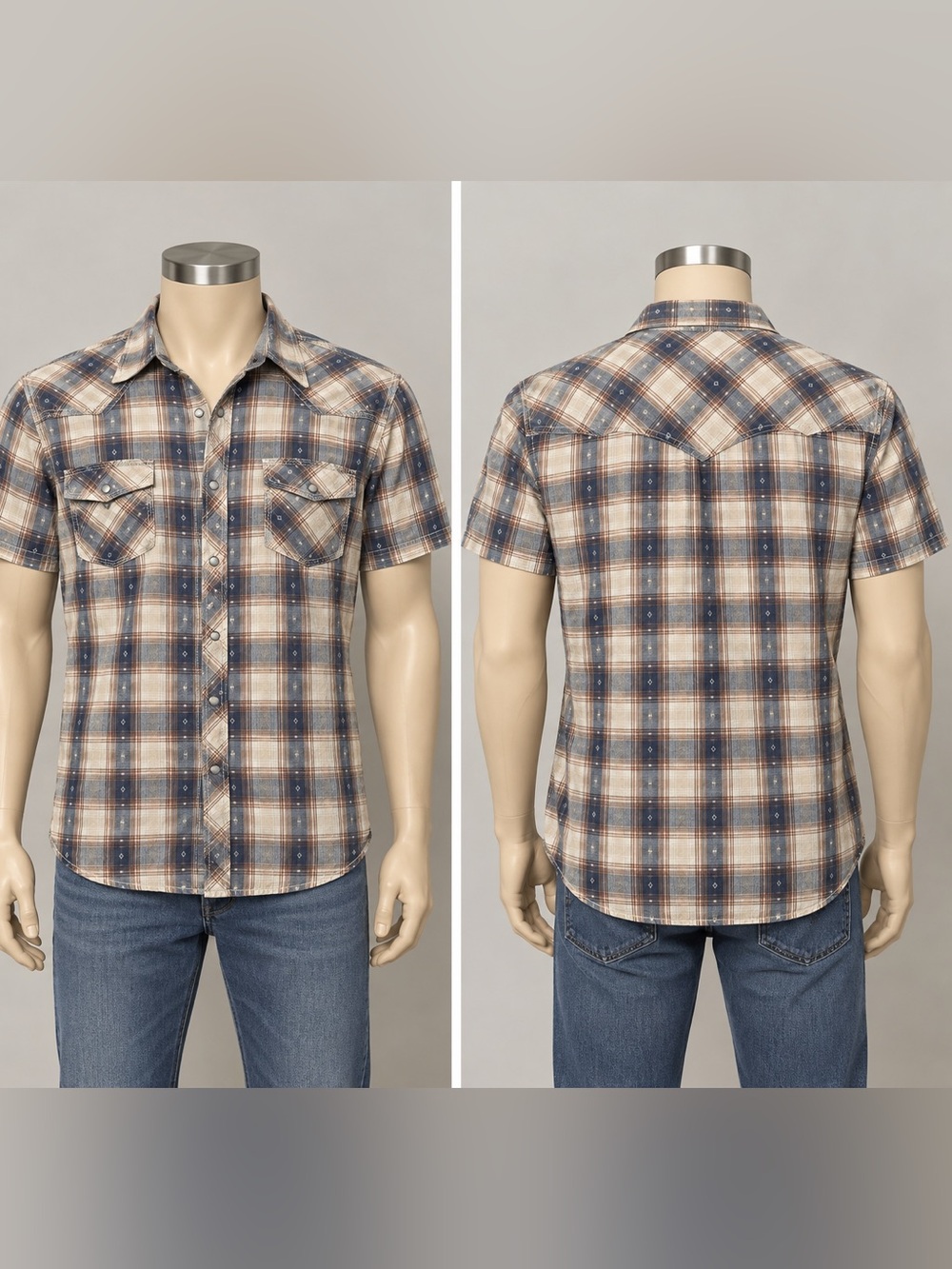 Buckle Short-Sleeve Plaid Button-Down Shirt in Blue, Cream & Brown